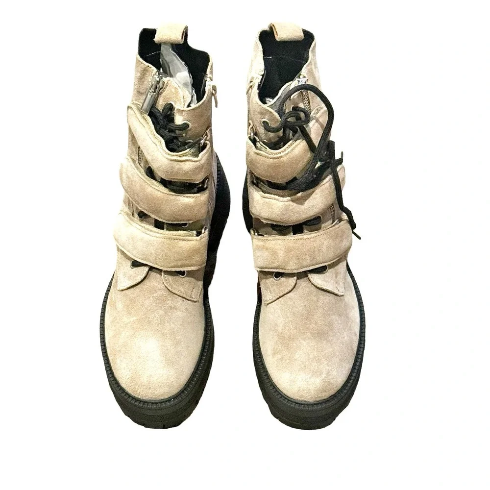 Free People Suede Emmett Lace Up Chunky Lug Sole Platform Zip Boot Tan 39 NWOB